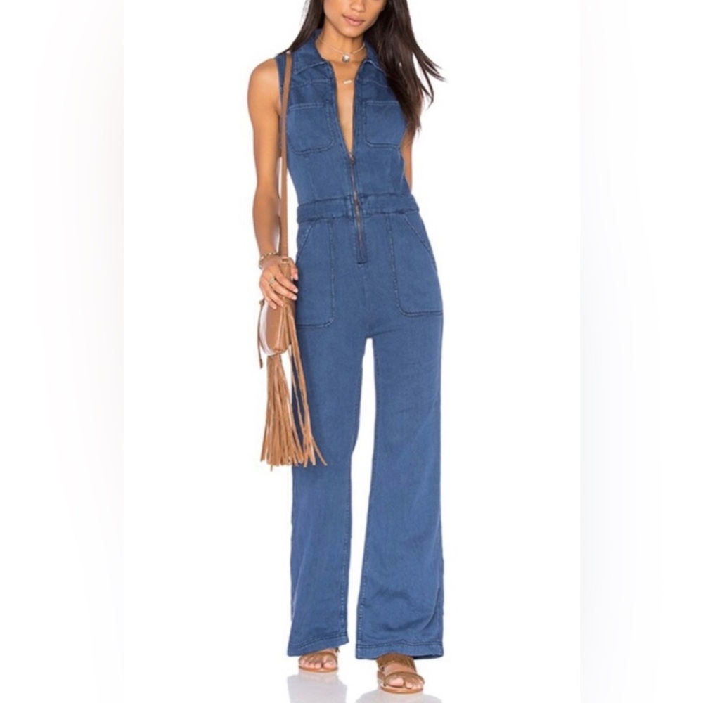 FREE PEOPLE wind and more retro denim jumpsuit sleeveless pockets Size 4